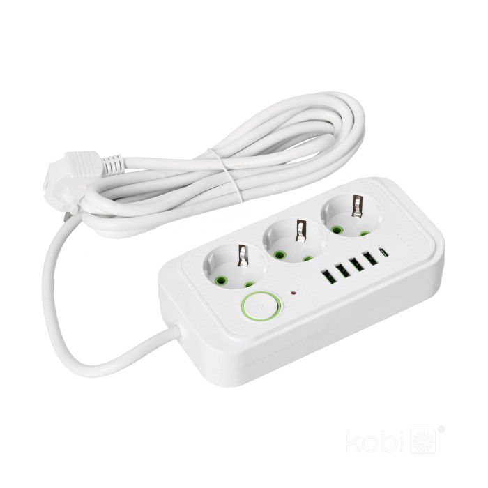 Przedłużacz Linea Kobi 3gn+4usb/1usb-c/3m/Zu+W biały 1 szt.