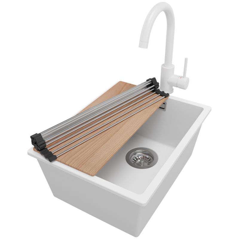 Zlewozmywak Granitowy Londyn Slim PRIMAGRAN Nablatowy 36x47cm do szafki od 40cm z Syfonem i Baterią i Dodatkiem Biały 1 szt.