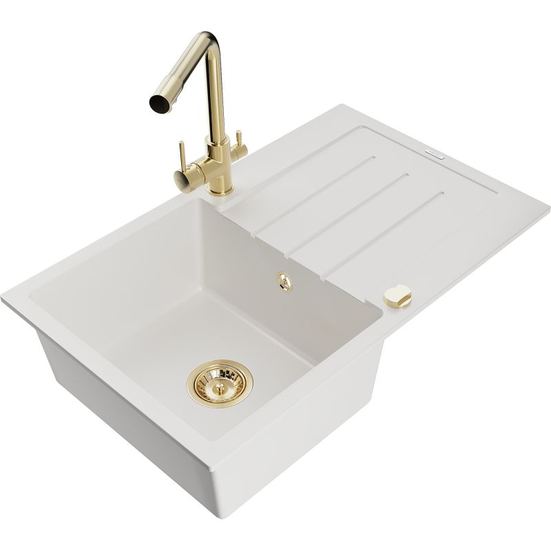 Zlewozmywak granitowy 1-komorowy Mexen Bruno z ociekaczem i baterią kuchenną Duero biały 6513-20-671600-50