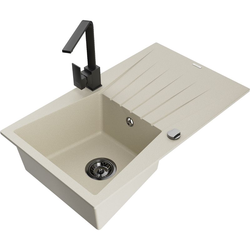 Zlewozmywak granitowy 1-komorowy Mexen Cesar z ociekaczem i baterią kuchenną Rita beżowy - 6514-69-670300-50 1 szt.