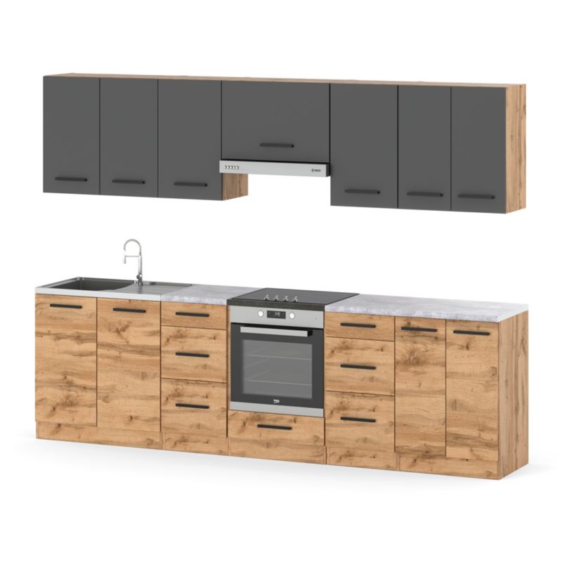 Zestaw Kuchenny Hurtownia-Mebli Z Blatem Kuchnia Roma 280cm Dąb Wotan Szary Mat/Dąb Wotan 280x47x145 cm 1szt.