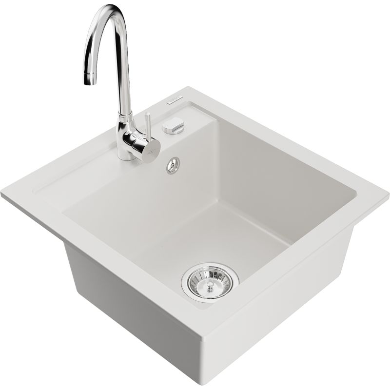 Zlewozmywak granitowy 1-komorowy Mexen Vito z baterią kuchenną Telma biały 6503-20-670200-00