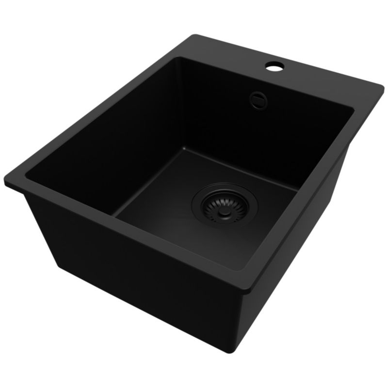 Zlewozmywak Ryga PRIMAGRAN Nablatowy 38x50cm do szafki od 40cm, Cały Czarny + Syfon, S041, 1 szt.