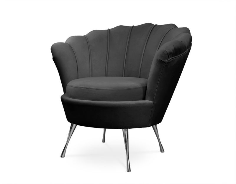 Fotel tapicerowany Bettso Muszelka na srebrnej nodze do salonu czarny 1szt.