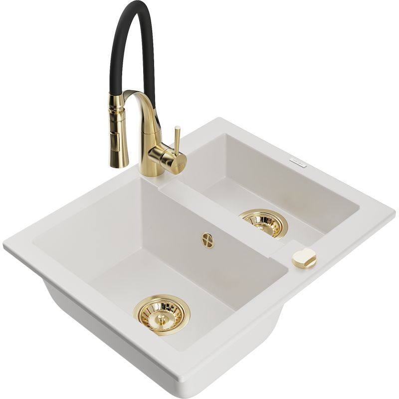 Zlewozmywak granitowy 1.5-komorowy Mexen Carlos z baterią kuchenną Aster biały 6518-20-73450-57-G