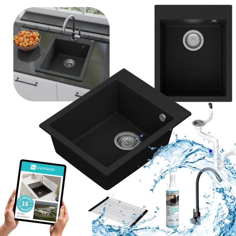 Zestaw zlewozmywak kuchenny GranMaster Ivo 1-komorowy z baterią, syfonem, roll matą oraz impregnatem, czarny metalik 1szt.