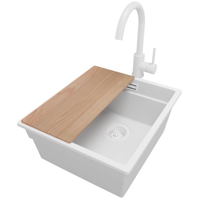 Zlewozmywak Granitowy Praga Slim PRIMAGRAN Nablatowy 41x47cm do szafki od 45cm z Syfonem i Baterią i Dodatkiem Cały Biały 1 szt.