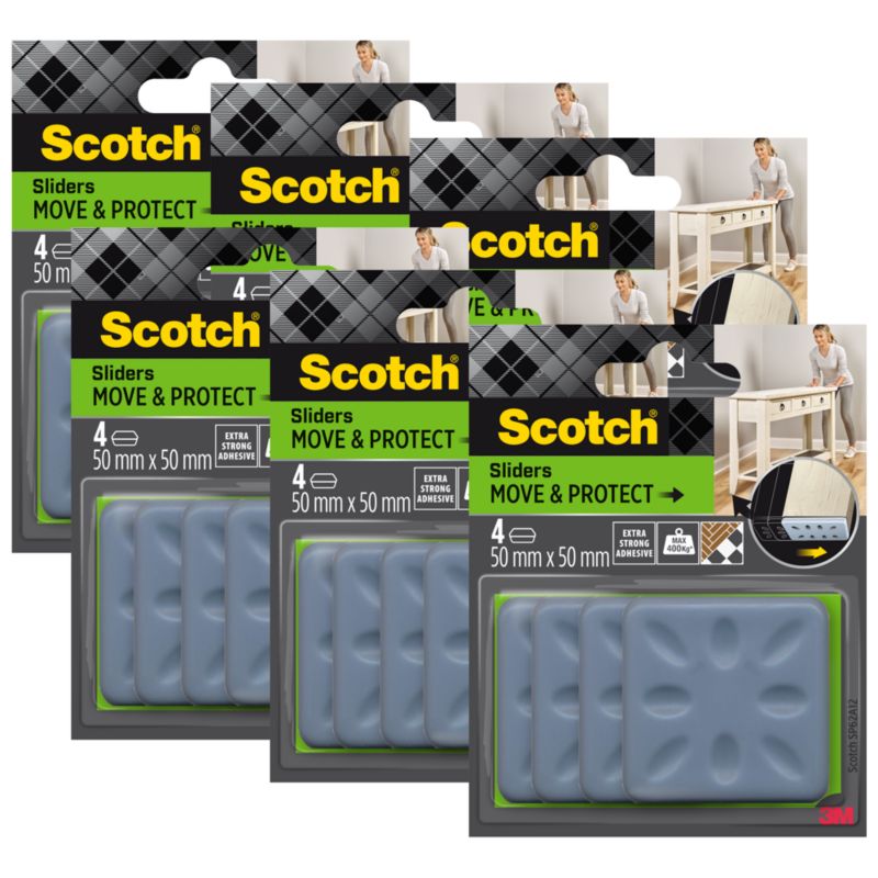 Podkładki ochronno ślizgowe Scotch , szare, 50 x 50 mm, do mebli i podłóg, 4 szt./opak., 6 opakowań