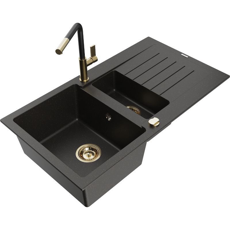 Zlewozmywak granitowy 1.5-komorowy Mexen Matias z ociekaczem i baterią kuchenną Flora czarny/złoty 6502-75-670401-57-G