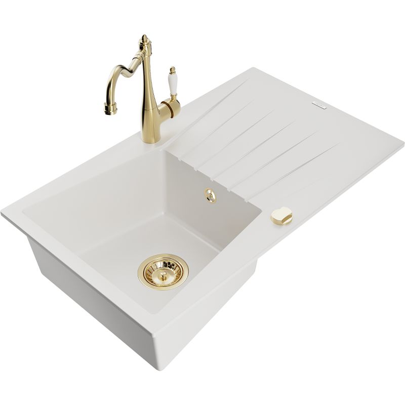 Zlewozmywak granitowy 1-komorowy Mexen Cesar z ociekaczem i baterią kuchenną Carla biały 6514-20-670700-50