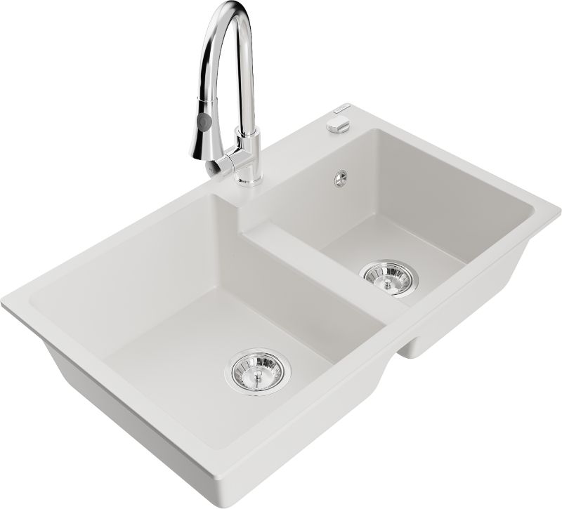 Zlewozmywak granitowy Mexen Tomas 2-komorowy z baterią kuchenną Flora biały - 6516-20-670401-02 1 szt.
