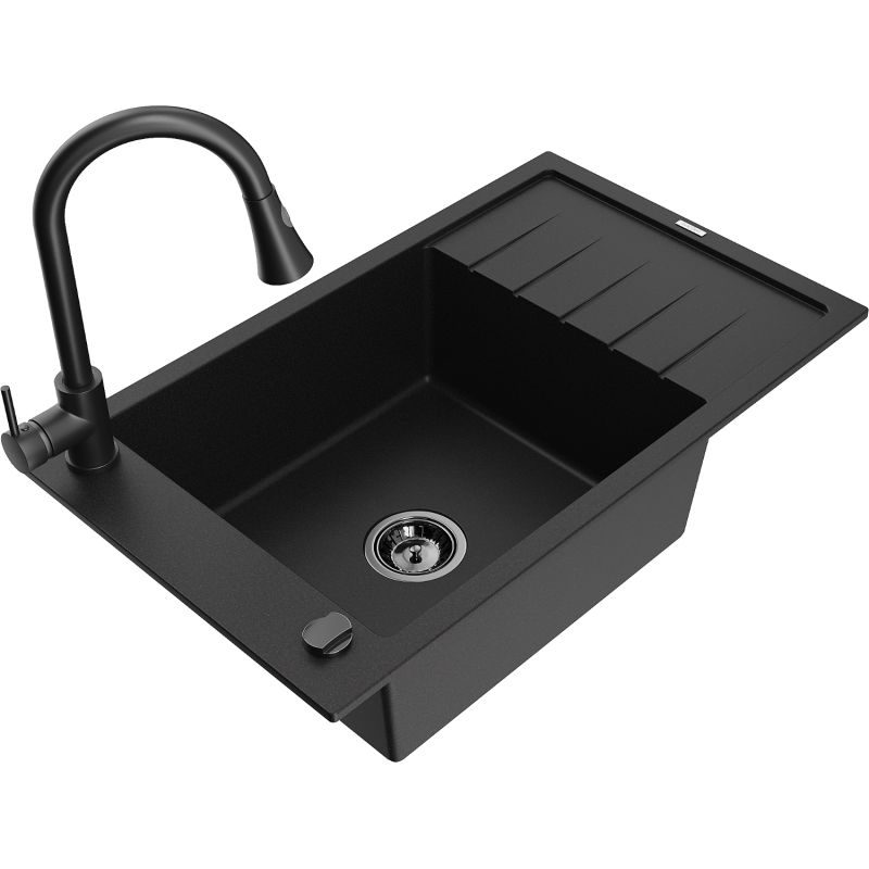 Zlewozmywak granitowy 1-komorowy Mexen Elias z ociekaczem i baterią kuchenną Elia czarny 6511-77-670101-70-B