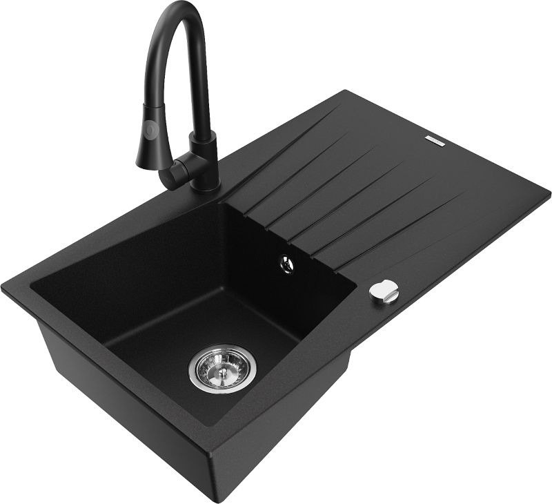 Zlewozmywak granitowy Mexen Cesar 1-komorowy z ociekaczem i baterią kuchenną Elia czarny - 6514-77-670101-50-B 1 szt.
