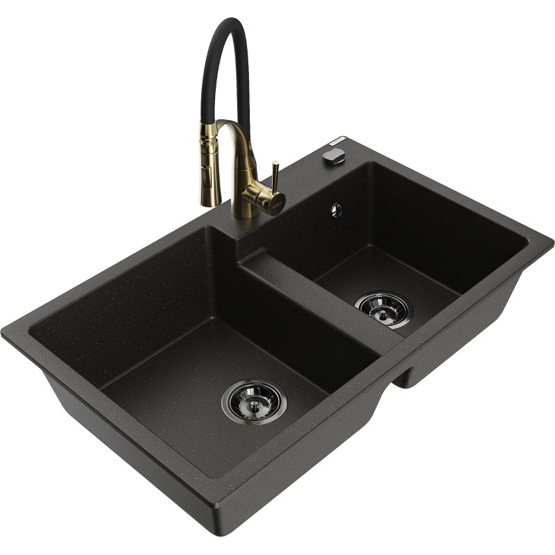 Zlewozmywak granitowy 2-komorowy Mexen Tomas z baterią kuchenną Aster czarny/złoty metalik 6516-75-73450-57-B