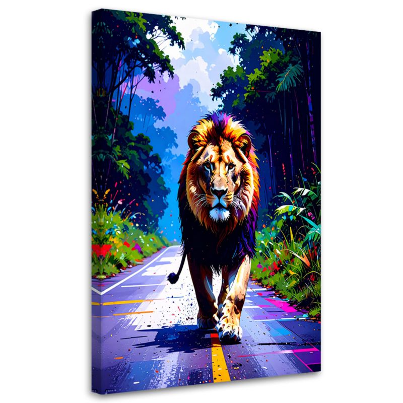Obraz na płótnie do salonu biura Feeby Lew na drodze Dżungla 80x120cm 1szt