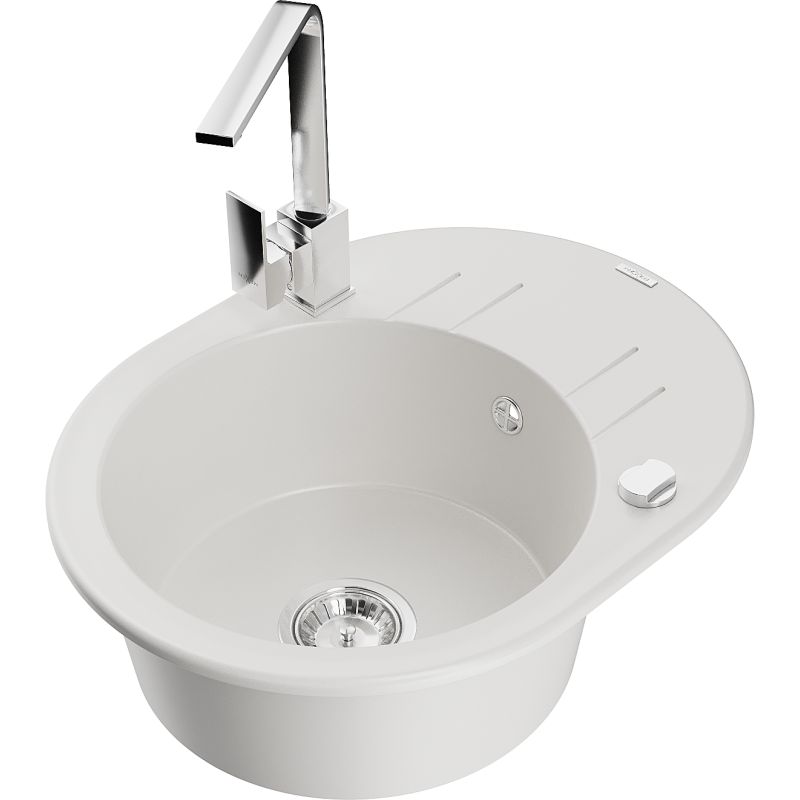 Zlewozmywak granitowy 1-komorowy Mexen Kevin z ociekaczem i baterią kuchenną Rita biały 6517-20-670300-00