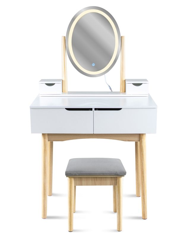 Toaletka z lustrem LED JUMI do sypialni kosmetyczna skandynawska do makijażu z taboretem 1 szt.