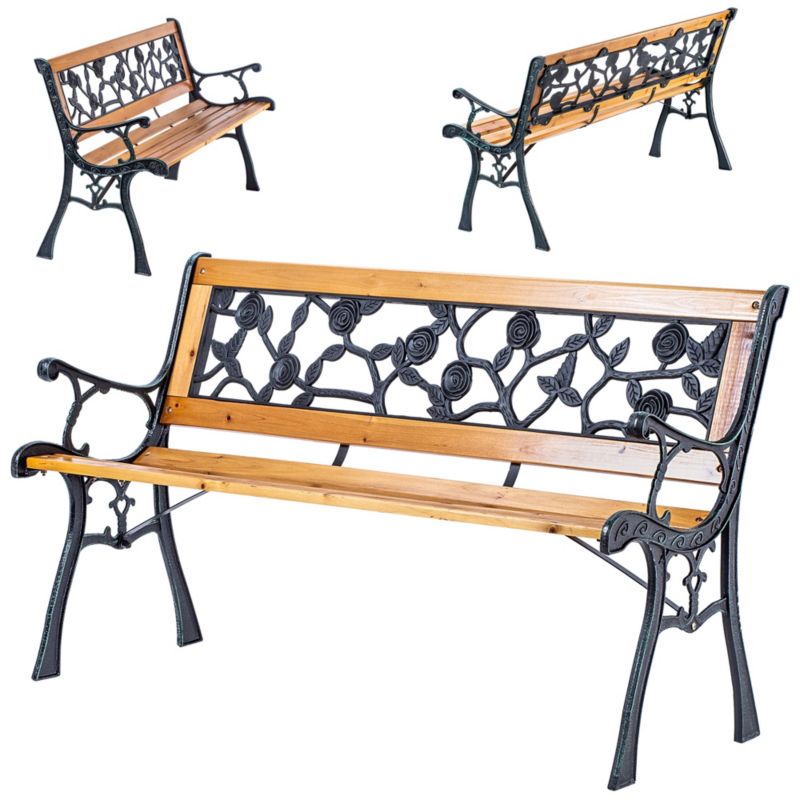 Ławka Ogrodowa KADAX Parkowa Drewniana 127cm Ławeczka Z Oparciem Żeliwna Róże 1szt.