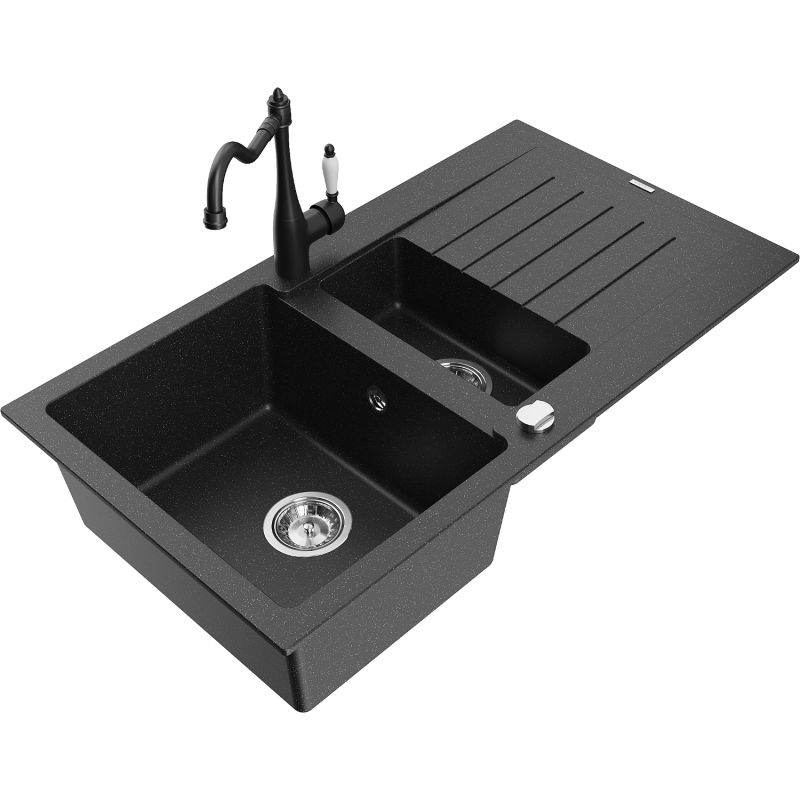 Zlewozmywak granitowy 1.5-komorowy Mexen Matias z ociekaczem i baterią Carla czarny/złoty metalik - 6502-75-670700-70-B 1 szt.