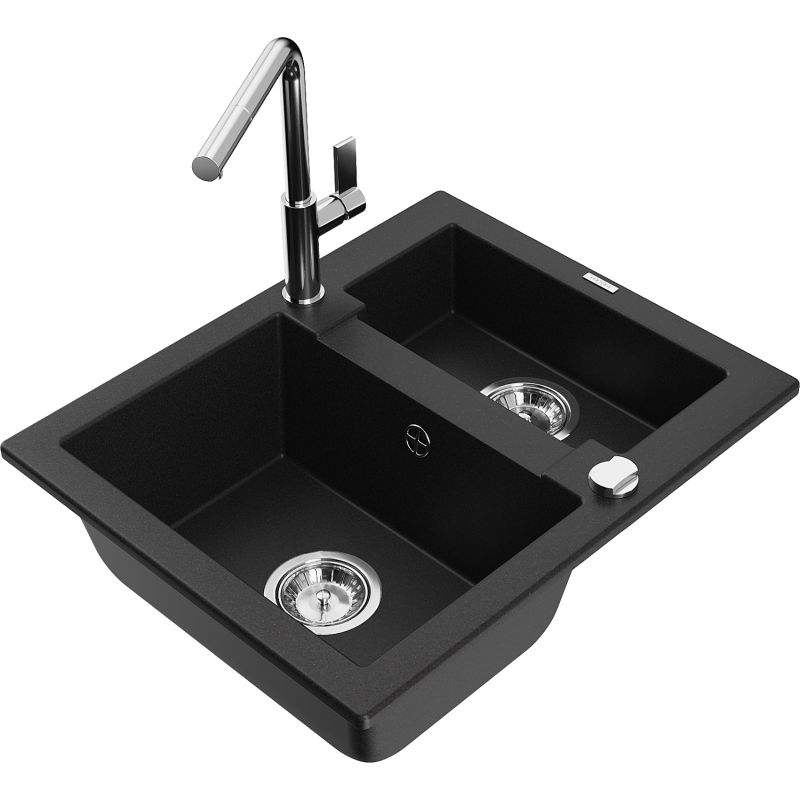 Zlewozmywak granitowy 1.5-komorowy Mexen Carlos z baterią kuchenną Flora czarny 6518-77-670401-00