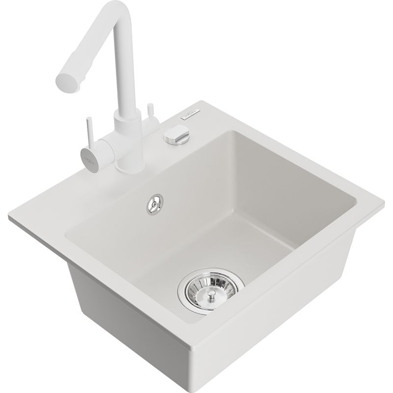 Zlewozmywak granitowy 1-komorowy Mexen Milo z baterią kuchenną Duero biały 6505-20-671600-20