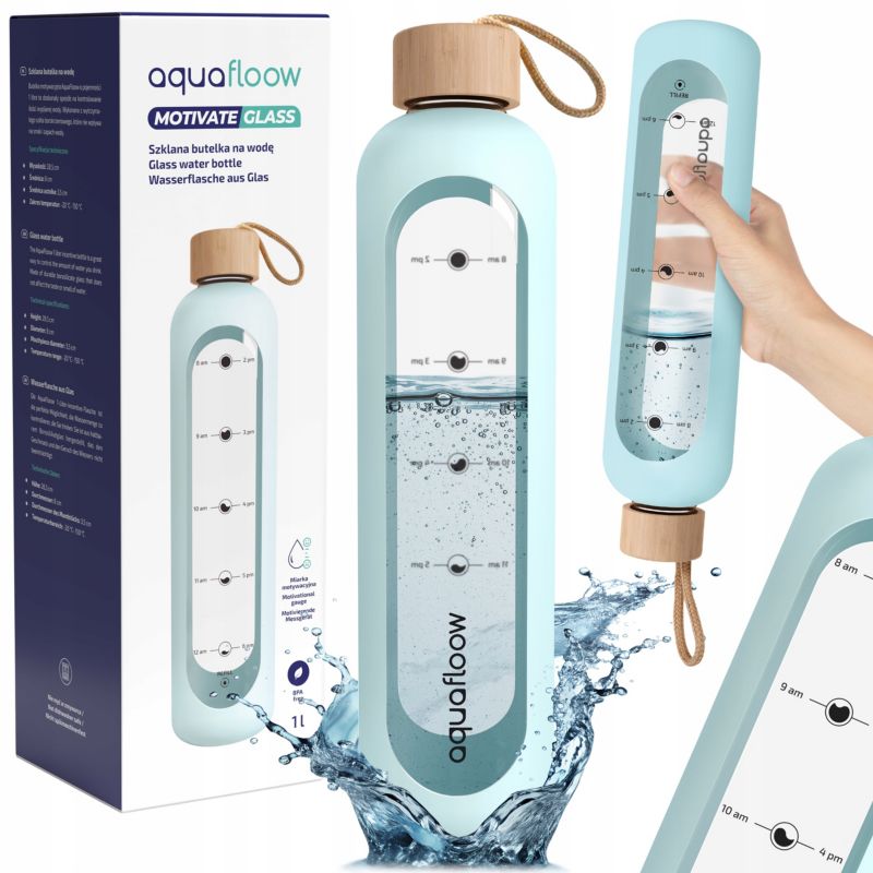 Butelka na wodę, AquaFloow, szklana, z miarką motywacyjną, bidon, w etui silikonowym, z nakrętką bambusową, 1L, błękitna, 1szt