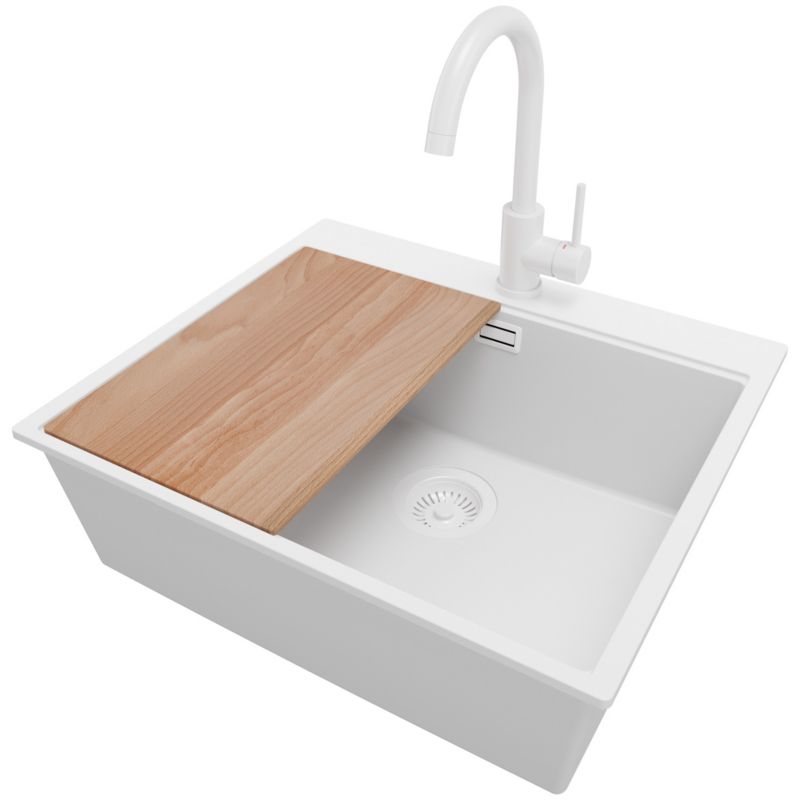 Zlewozmywak Granitowy Oslo PRIMAGRAN Nablatowy 58x50cm do szafki od 60cm, Cały Biały + Bateria + Syfon + Deska, S416, 1 szt.