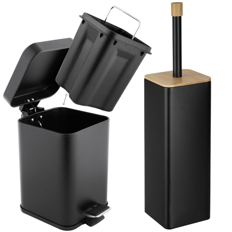 Zestaw łazienkowy Yoka Home: Kosz na śmieci 3L Szczotka do WC z bambusem Czarny Mat - 1 szt.