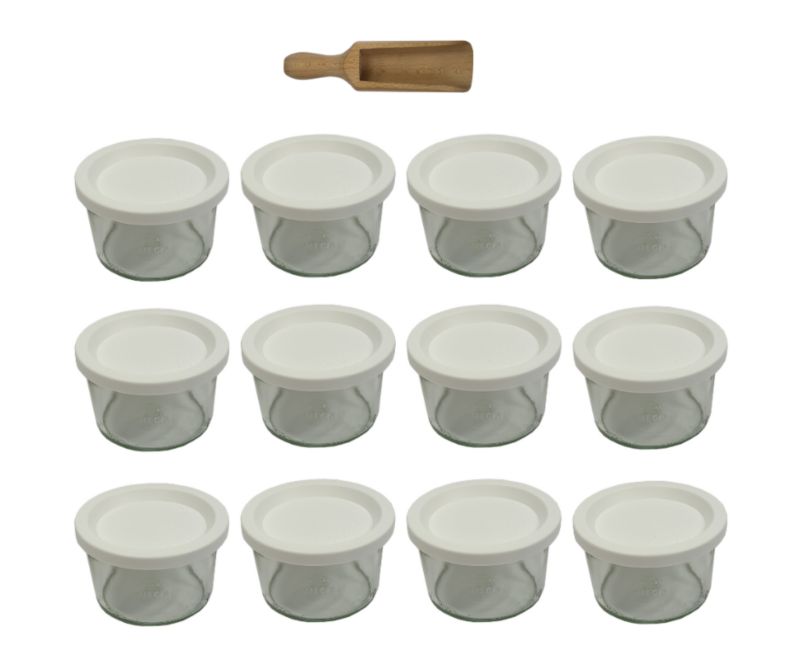 Słoiki MODO24 Weck 200 ml fi 80 mold plastikowe wieka miarka 12 kpl.