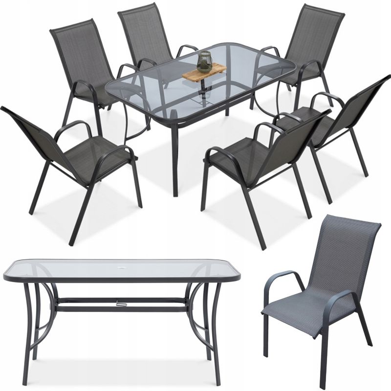 Zestaw Mebli Jadalnianych Focus Garden Ogrodowych Stół 150x90 6x Krzesło Bologna Szare 1 szt