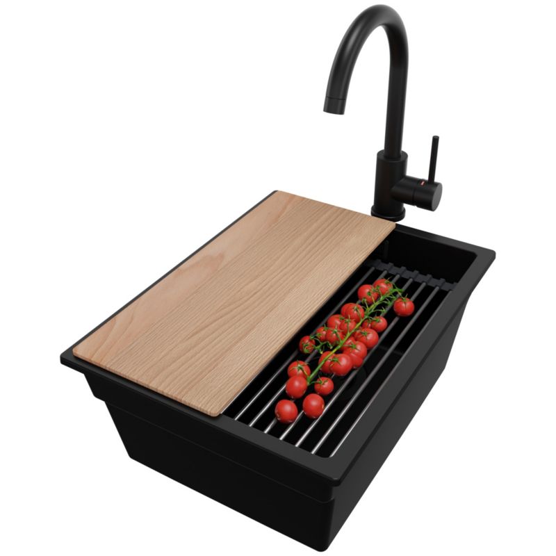 Zlewozmywak Granitowy Praga Slim PRIMAGRAN Nablatowy 36x47cm do szafki od 40cm z Syfonem i Baterią i Dodatkiem Cały Czarny 1 szt.