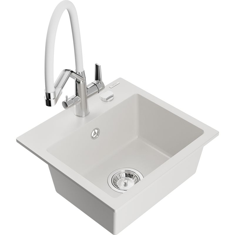 Zlewozmywak granitowy 1-komorowy Mexen Milo z baterią kuchenną Duo biały 6505-20-671701-02