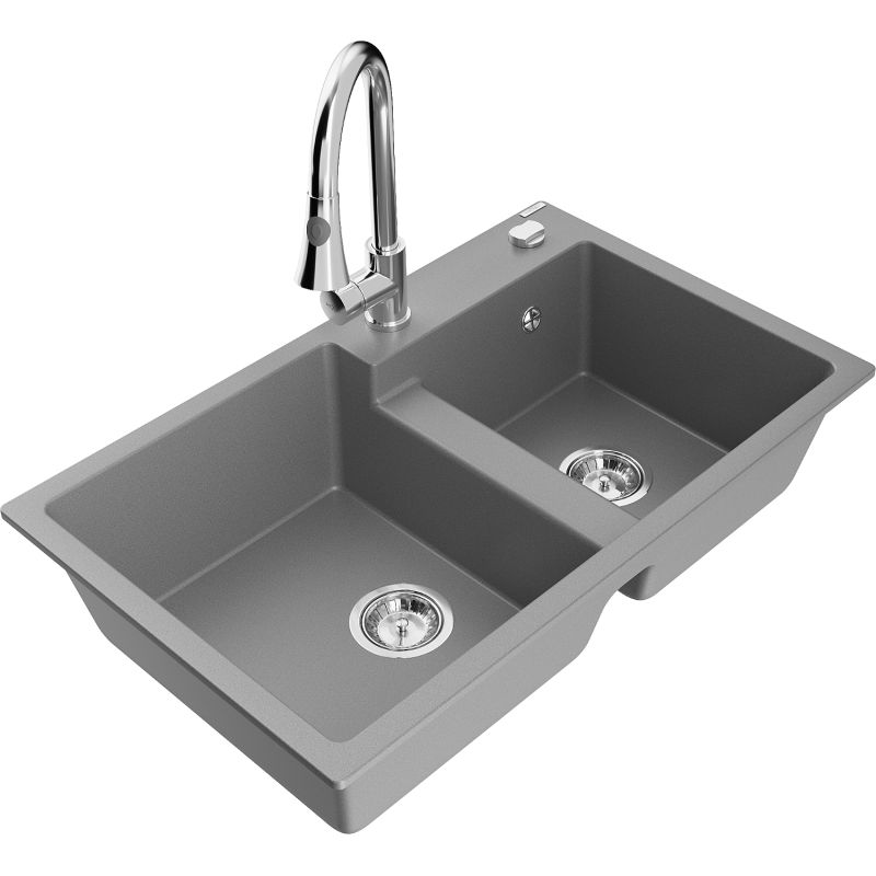 Zlewozmywak granitowy 2-komorowy Mexen Tomas z baterią kuchenną Elia szary - 6516-71-670101-50 1 szt.