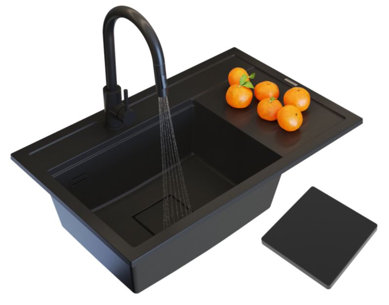 Zlew Granitowy z komorą po lewej stronie Granitan Rendo czarny z Baterią i Syfonem 1kpl.