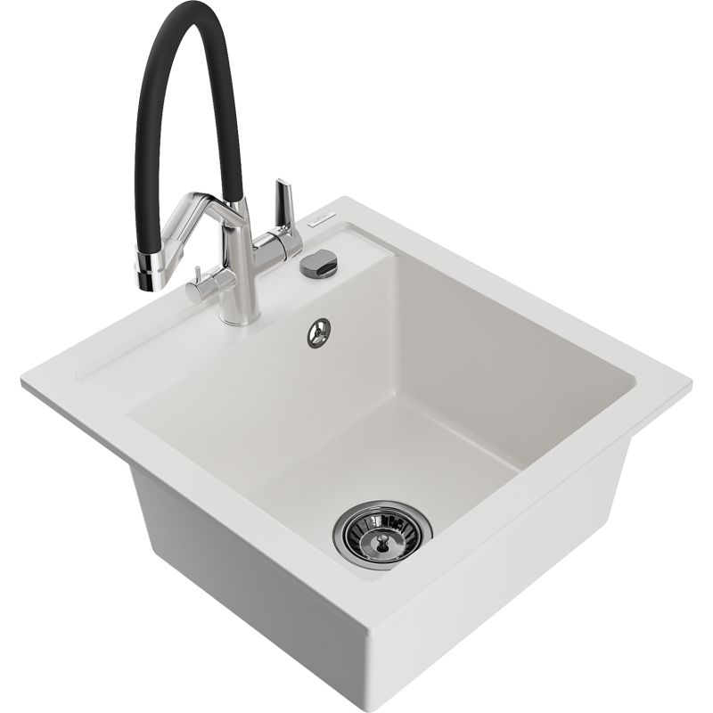 Zlewozmywak granitowy 1-komorowy Mexen Vito z baterią kuchenną Duo biały 6503-20-671701-07-B