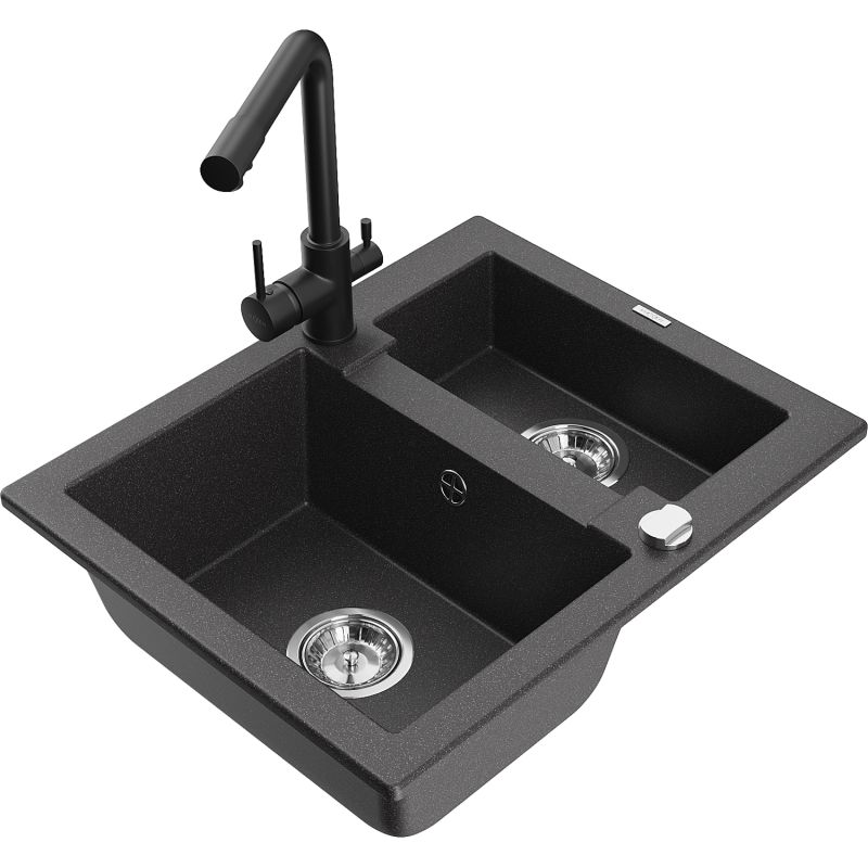 Zlewozmywak granitowy 1.5-komorowy Mexen Carlos z baterią kuchenną Duero czarny nakrapiany 6518-76-671600-70