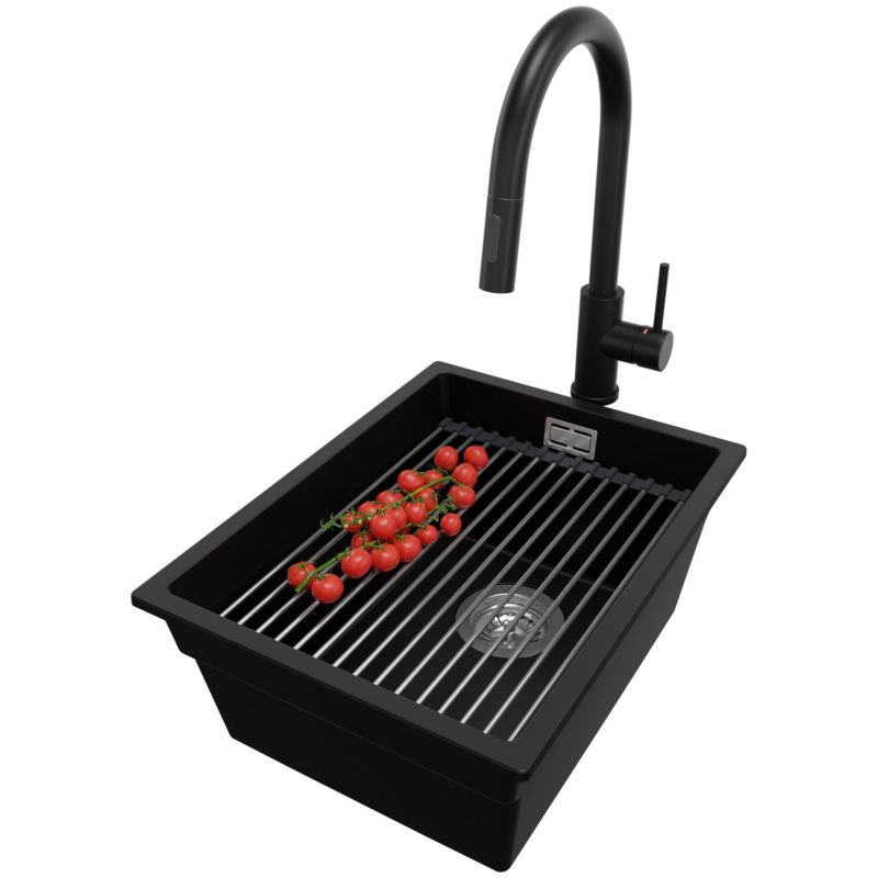 Zlewozmywak Granitowy Praga Slim PRIMAGRAN Nablatowy 36x47cm, Czarny + Bateria + Syfon + Akcesorium, S061, 1 szt.