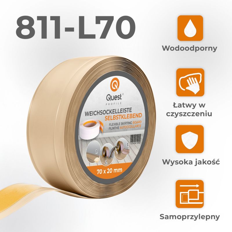 Listwa przypodłogowa PCV 70x20mm, QUEST, samoprzylepna elastyczna, miękka listwa podłogowa, cokołowa, piaskowy, 15m