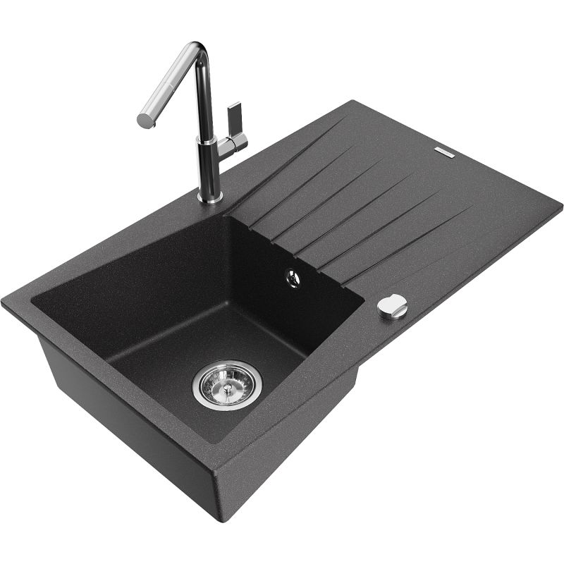 Zlewozmywak granitowy 1-komorowy Mexen Cesar z ociekaczem i baterią kuchenną Flora czarny nakrapiany 6514-76-670401-00