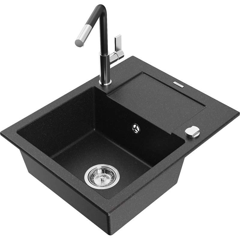 Zlewozmywak granitowy 1-komorowy Mexen Enzo z ociekaczem i baterią kuchenną Flora czarny/srebrny metalik 6506-73-670401-07