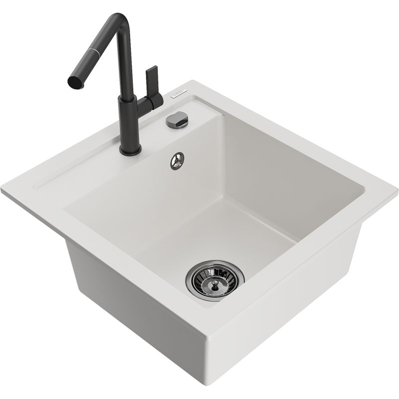 Zlewozmywak granitowy 1-komorowy Mexen Vito z baterią kuchenną Flora czarny - 6503-77-670401-70-B 1 szt.