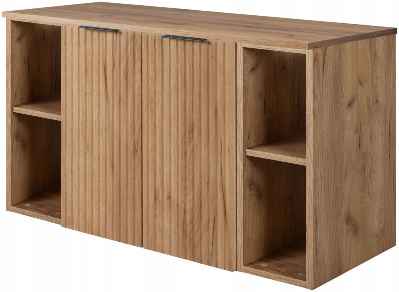 Szafka łazienkowa Furnidea 100 cm wisząca pod umywalkę dąb craft złoty z regałami i blatem Flow 1 szt.