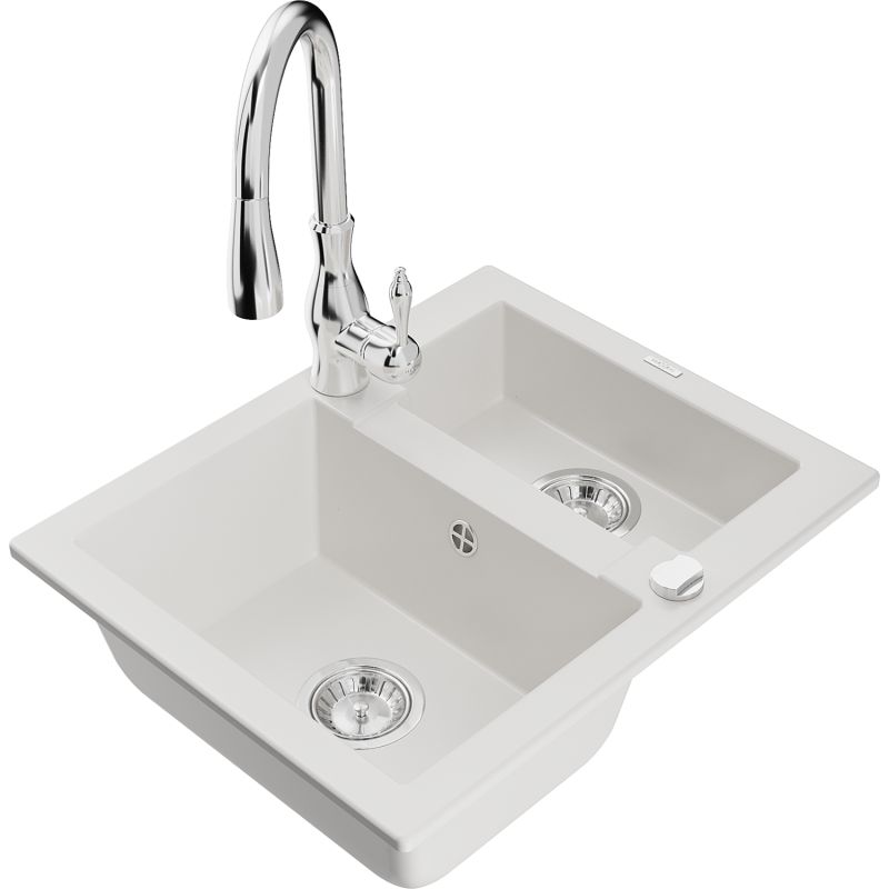 Zlewozmywak granitowy 1.5-komorowy Mexen Carlos z baterią kuchenną Savita biały - 6518-20-672601-70 1 szt.