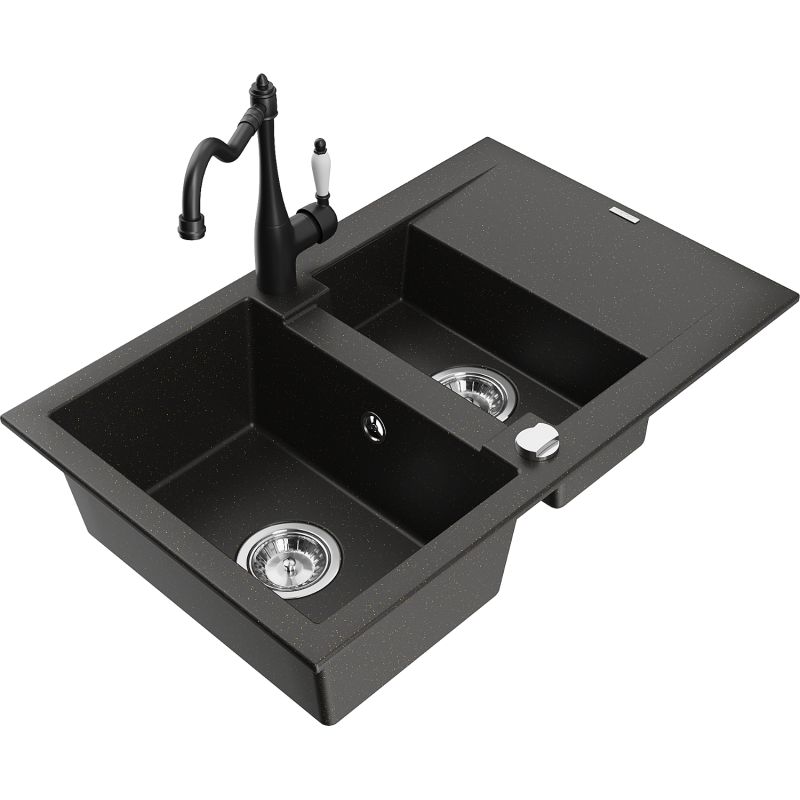 Zlewozmywak granitowy 1.5-komorowy Mexen Gaspar z ociekaczem i baterią kuchenną Carla czarny/złoty metalik 6507-75-670700-70