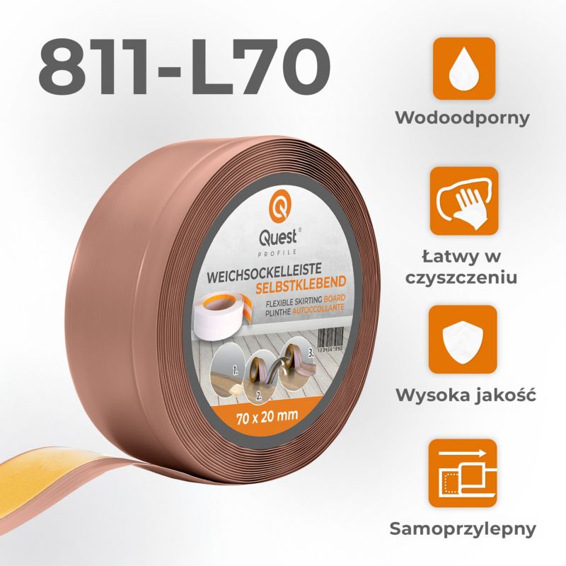 Listwa przypodłogowa PCV 70x20mm, QUEST, samoprzylepna elastyczna, miękka listwa podłogowa, cokołowa, jasnobrązowy, 20m