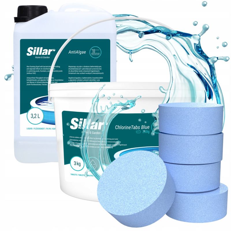 Chlor do basenu, Sillar, tabletki 200g, 3kg, 11w1, niebieskie + preparat na glony, antyglon, 3.2l, chemia basenowa, 2szt