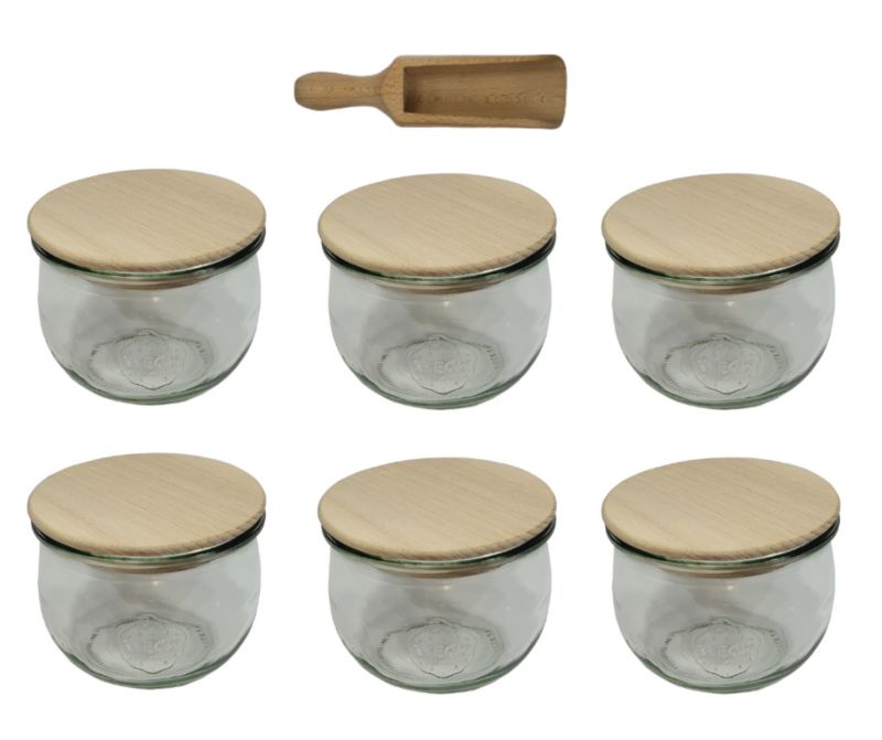 Słoiki MODO24 Weck 370 ml fi 80 tulip drewniane wieka miarka 6 kpl.