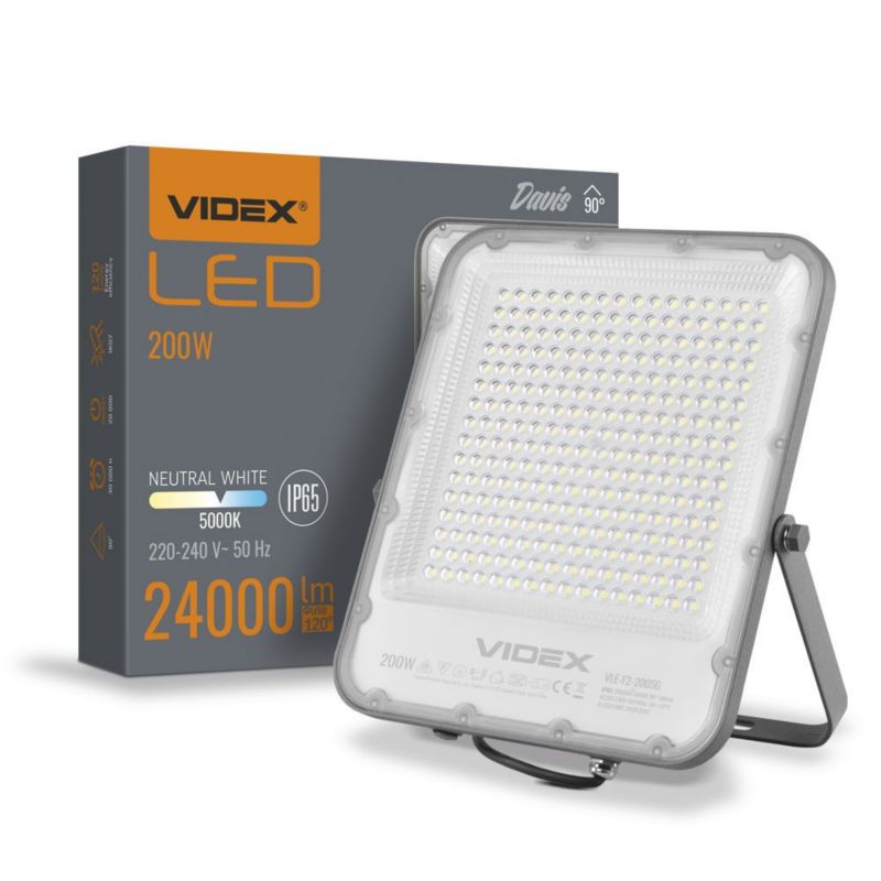 Naświetlacz LED Videx szary LED 200W 5000K 24000lm IP65 wym: 33,8 x 30,5 x 3,3 cm aluminium - 1 szt.