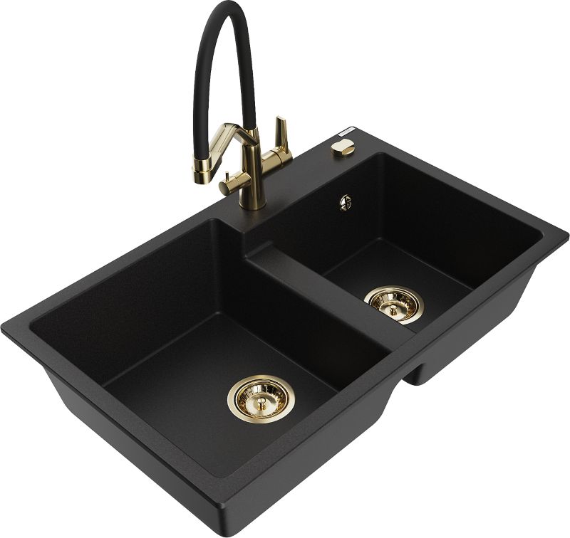 Zlewozmywak granitowy Mexen Tomas 2-komorowy z baterią kuchenną Duo czarny 6516-77-671701-57-G