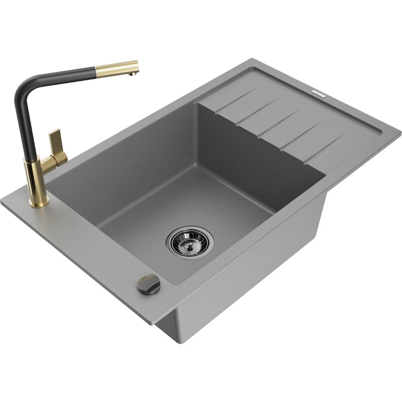 Zlewozmywak granitowy 1-komorowy Mexen Elias z ociekaczem i baterią kuchenną Flora szary 6511-71-670401-57-B